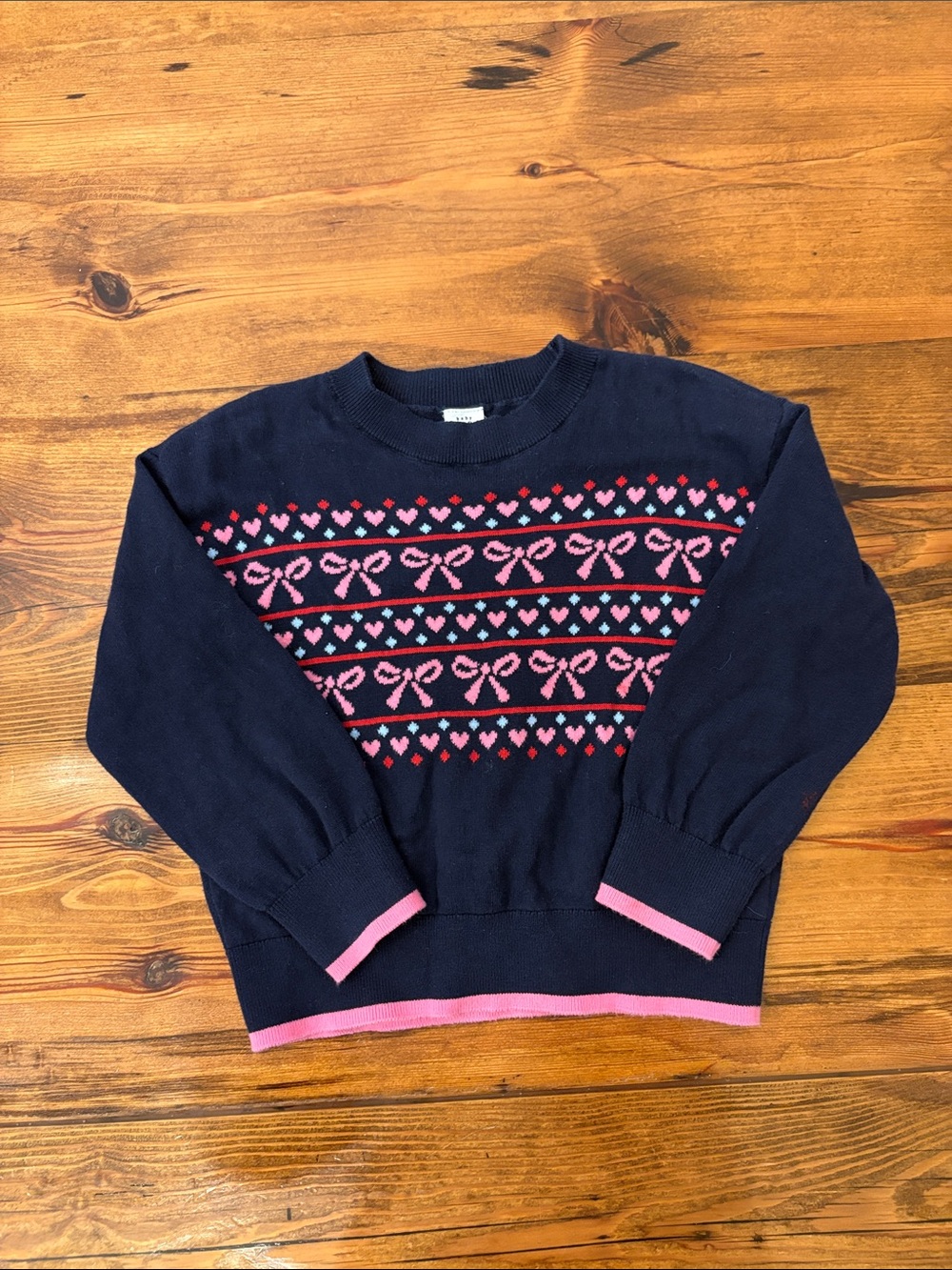 GAP Navy Crewneck Sweater with Pink Bow and Heart Jacquard